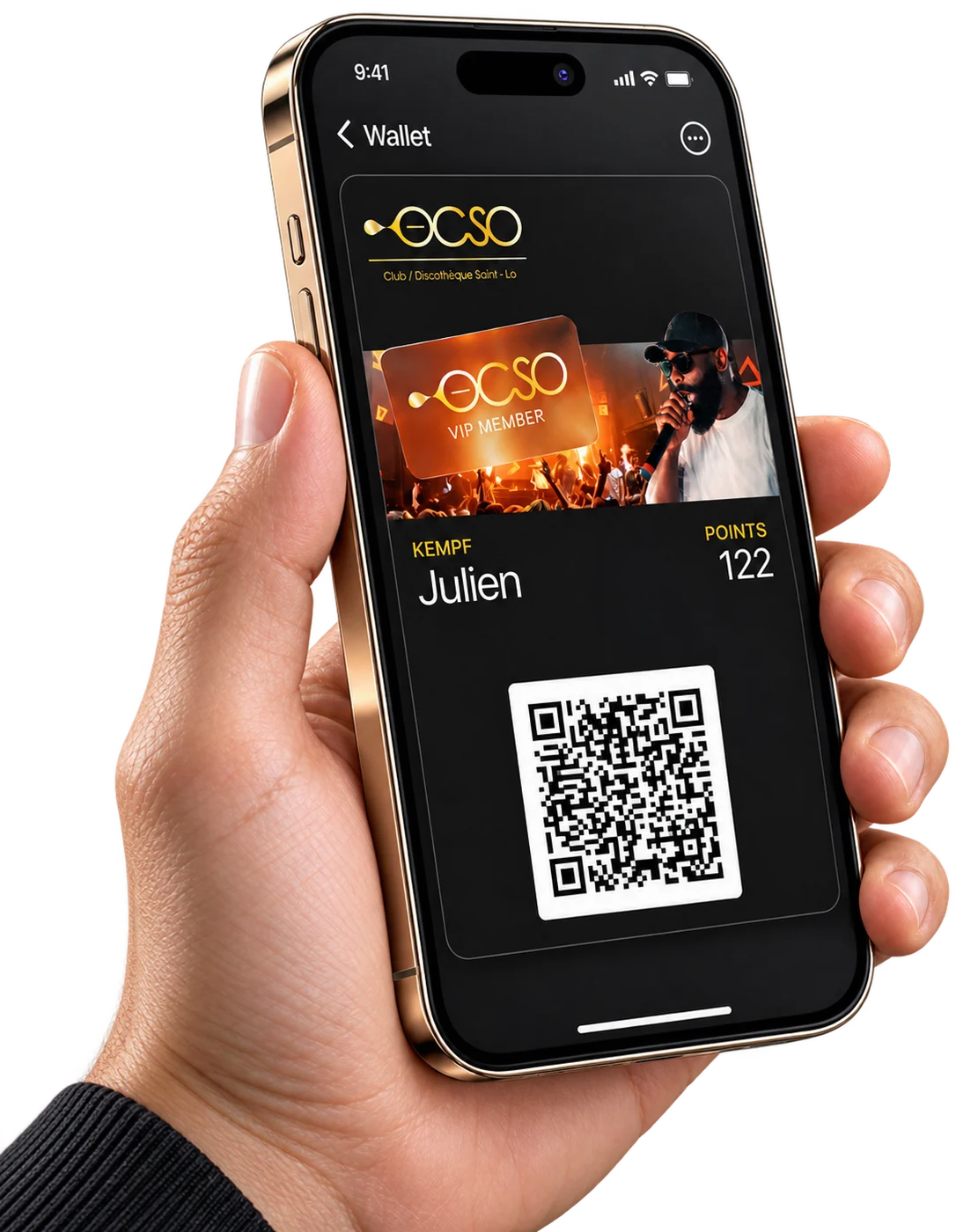 La carte de fidélité OCSO ouverte dans Apple Wallet, avec son QR code et le solde de points